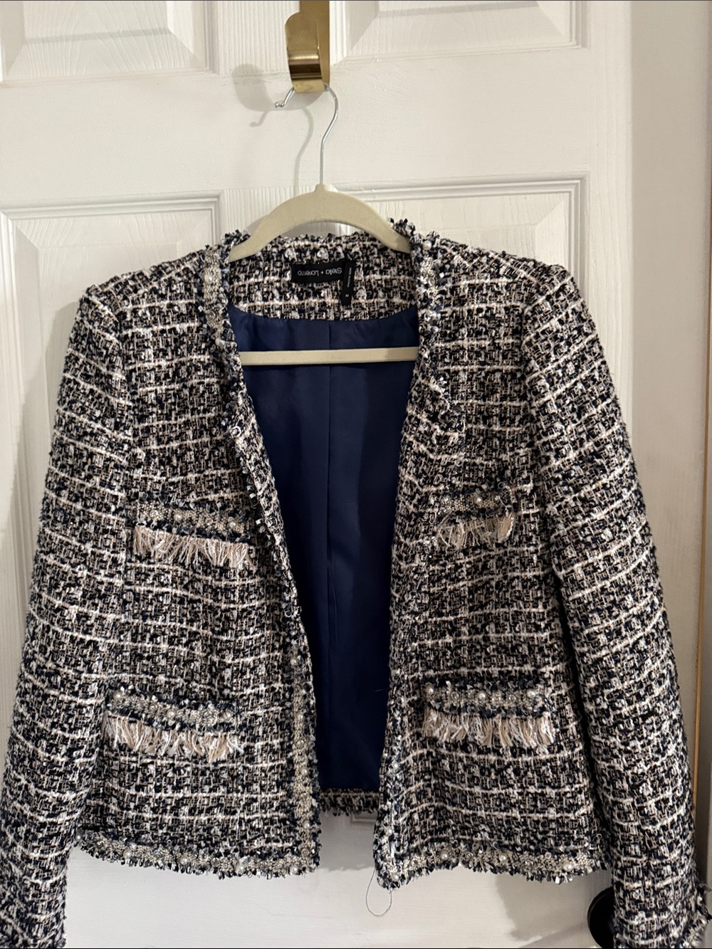 Stella & Lorenzo Navy & White Tweed jacket. With pearl and rhinestone accents.